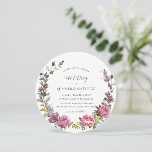 Levendige Boho Magenta Roze Paarse bloemenbruiloft Kaart (Staand voorkant)