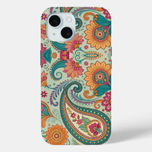 Levendige Boho Paisley lichtgroene bloempatroon iPhone 15 Case