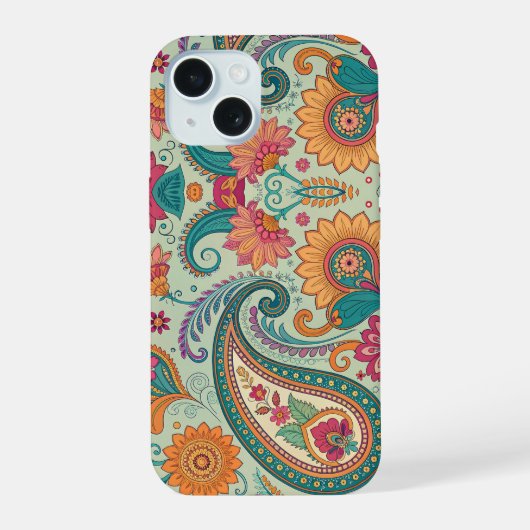 Levendige Boho Paisley lichtgroene bloempatroon iPhone 15 Case (Achterkant)