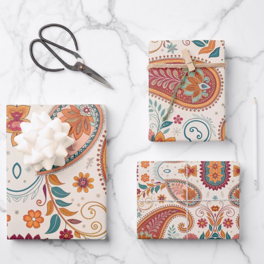 Levendige Boho Paisley witte bloemmotief Inpakpapier Vel (Voorkant)