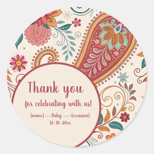 Levendige Boho Paisley witte bloemmotief Ronde Sticker (Voorkant)