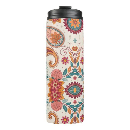 Levendige Boho Paisley witte bloemmotief Thermosbeker (Voorkant)