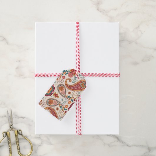 Levendige Boho Paisley witte bloempatroon  Cadeaulabel (Met Touw)