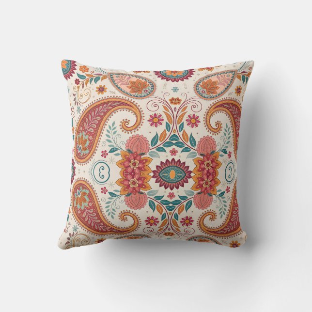 Levendige Boho Paisley witte bloempatroon  Kussen (Achterkant)