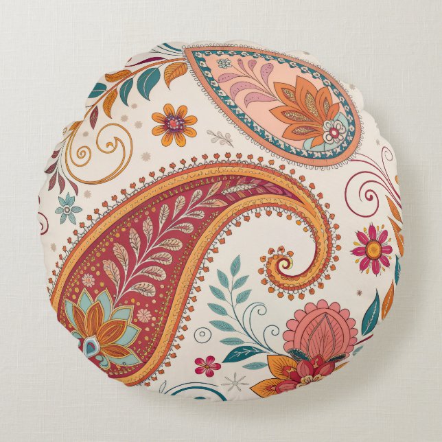 Levendige Boho Paisley witte bloempatroon  Rond Kussen (Voorkant)