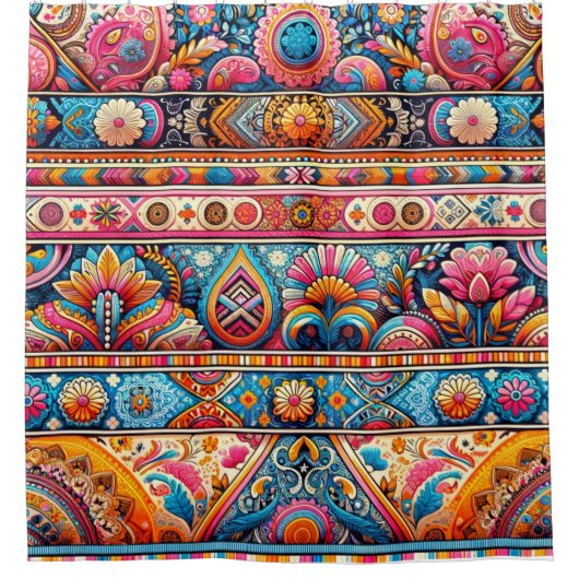 Levendige Boho Stripes: Eclectische Textielkunst Douchegordijn (Voorkant)