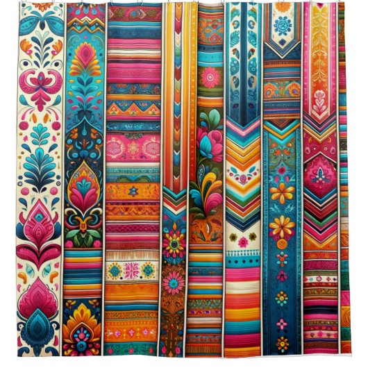 Levendige Boho Stripes: Eclectische Textielkunst Douchegordijn (Voorkant)