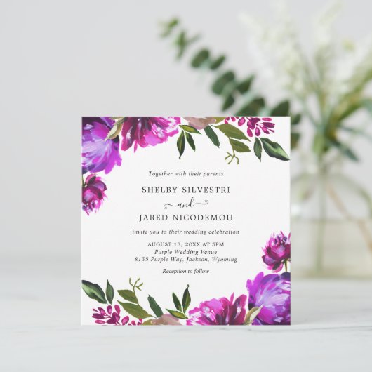 Levendige Bold Bright Paarse Floral Modern Wedding Kaart (Staand voorkant)