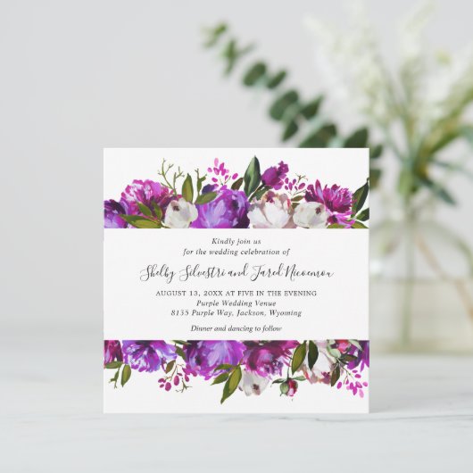 Levendige Bold Bright Paarse Floral Modern Wedding Kaart (Staand voorkant)