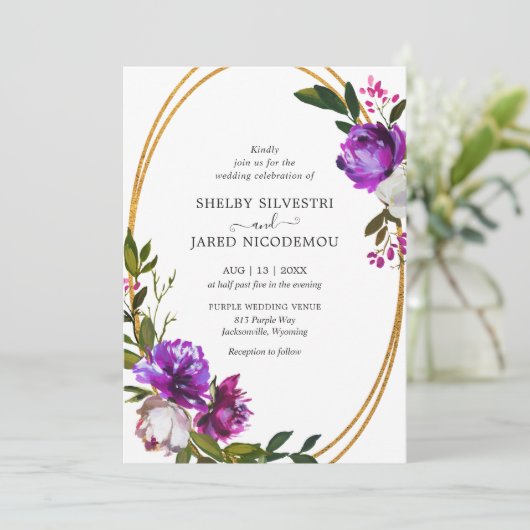 Levendige Bold Bright Paarse Floral Modern Wedding Kaart (Staand voorkant)