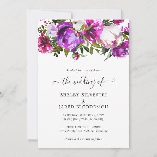 Levendige Bold Bright Paarse Floral Modern Wedding Kaart (Voorkant)