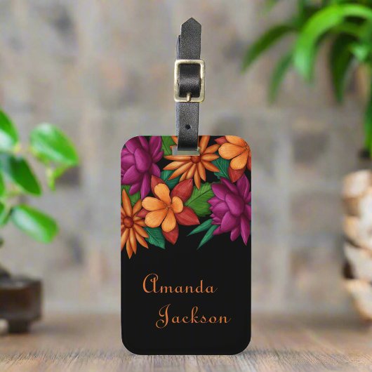 Levendige Bold Kleurrijke Bloeiende Bloemen Zwart  Bagagelabel