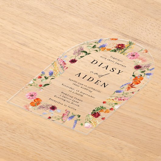 Levendige Bold Waterverf Wildflowers Wedding Acryl Uitnodigingen (Laagn)