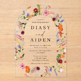 Levendige Bold Waterverf Wildflowers Wedding Acryl Uitnodigingen