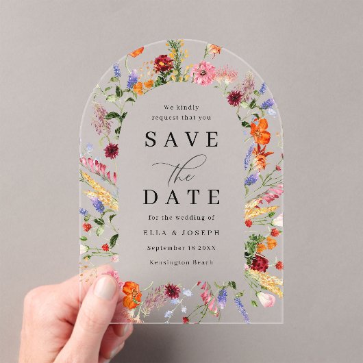 Levendige Bold Wildflowers Wedding Save the Date Acryl Uitnodigingen (Insitu (Draagbaar))