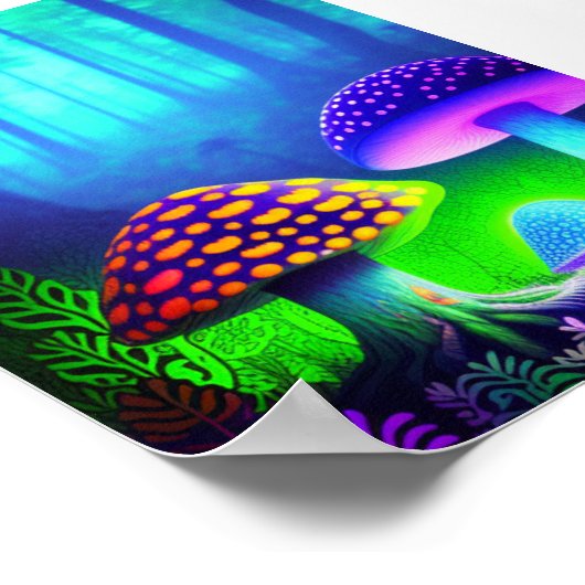 Levendige bosdroomlandschap met grillige paddensto poster (Hoek)