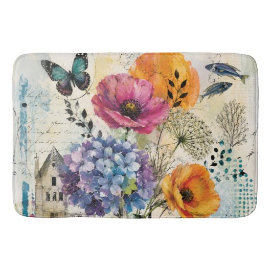 Levendige Botanische Mixed Media Collage Kunst Badmat (Voorkant)