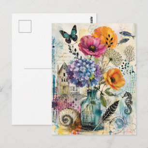Levendige Botanische Mixed Media Collage Kunst Briefkaart