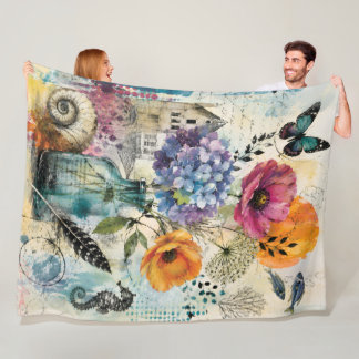 Levendige Botanische Mixed Media Collage Kunst Fleece Deken