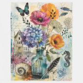 Levendige Botanische Mixed Media Collage Kunst Fleece Deken (Voorkant)