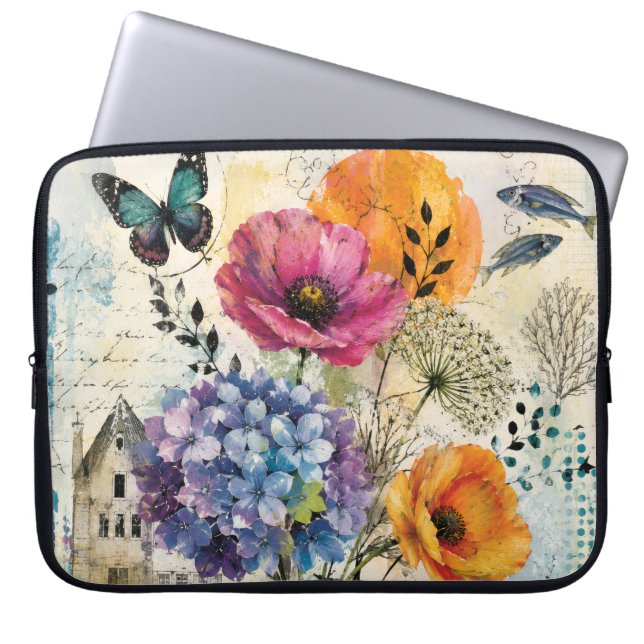 Levendige Botanische Mixed Media Collage Kunst Laptop Sleeve (Voorkant)