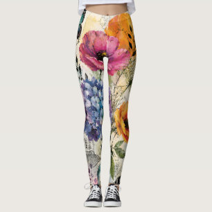 Levendige Botanische Mixed Media Collage Kunst Leggings
