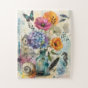 Levendige Botanische Mixed Media Collage Kunst Legpuzzel