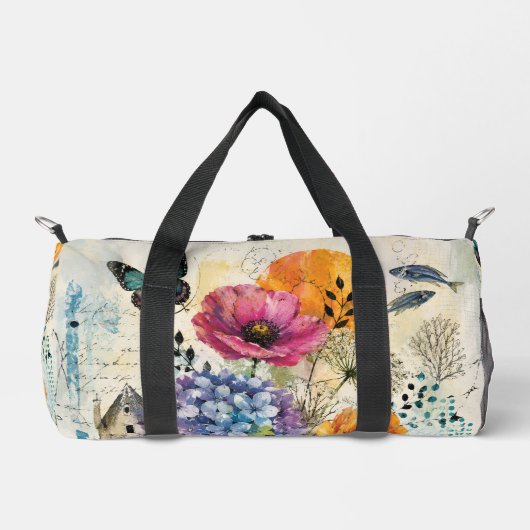 Levendige Botanische Mixed Media Collage Kunst Plunjezak (Voorkant)