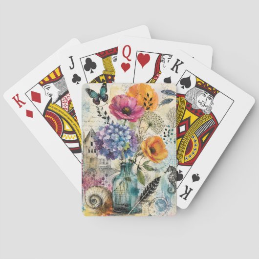 Levendige Botanische Mixed Media Collage Kunst Pokerkaarten (Achterkant)