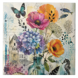 Levendige Botanische Mixed Media Collage Kunst Tegeltje