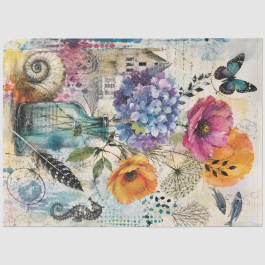Levendige Botanische Mixed Media Collage Kunst Tissuepapier (Voorkant)