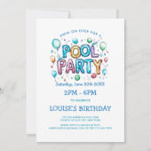 Levendige brieven en ballonnen Pool Party uitnodig Kaart (Voorkant)