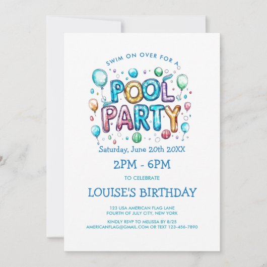 Levendige brieven en ballonnen Pool Party uitnodig Kaart (Voorkant)