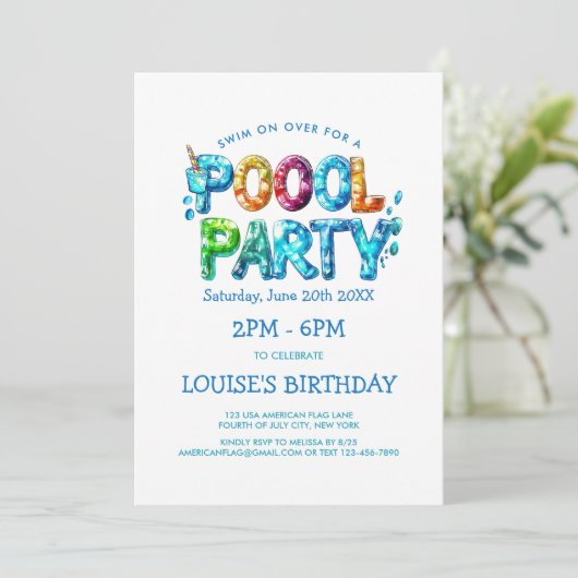 Levendige brieven Pool Party uitnodiging (Staand voorkant)