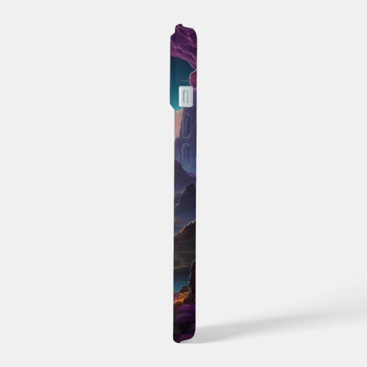 Levendige buitenaardse werelden met neonhemel iPhone 15 case (Linkerkant)