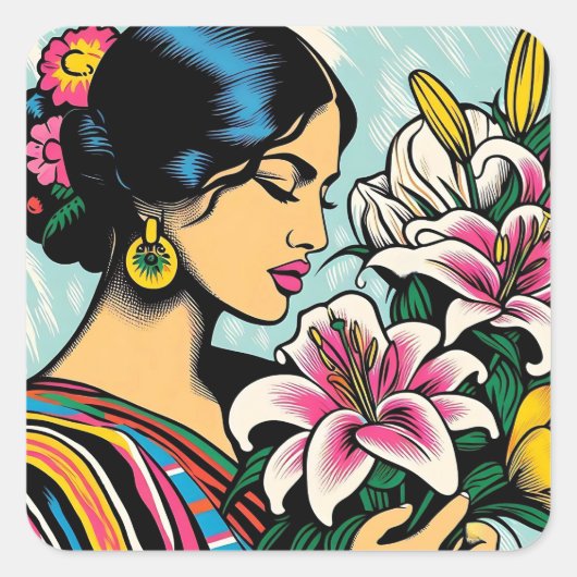 Levendige Calla Lillies Floral Mexicaanse Pop Art Vierkante Sticker (Voorkant)