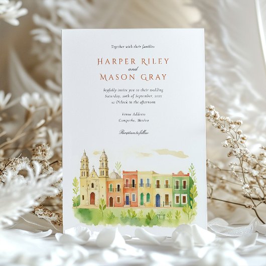 Levendige Campeche Mexico Waterverf bruiloft Kaart