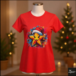 Levendige Cartoon Ster Santa Hoed Spatten T-shirt