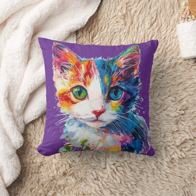 Levendige Cat Face Decoratieve Kussen - Kleurrijk (Deken)