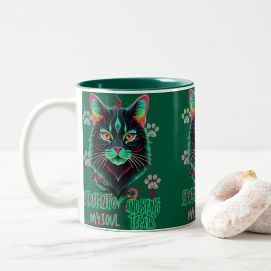 Levendige Cat Face Fusion Tweekleurige Koffiemok (Met donut)