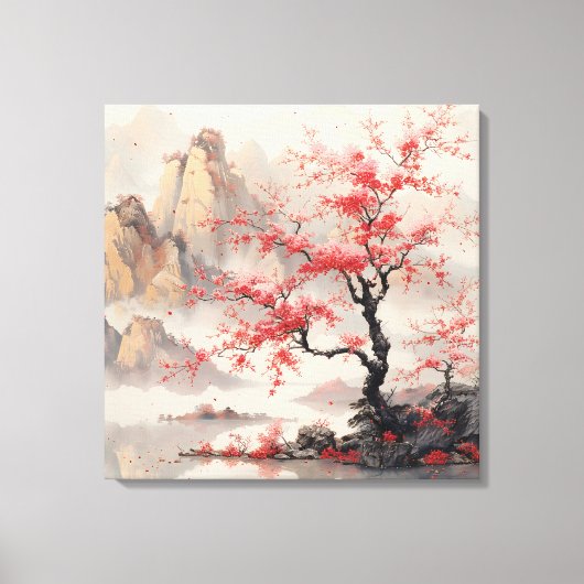 Levendige Cherry Blossom Trees Mountain Aziatische Canvas Afdruk (Voorkant)