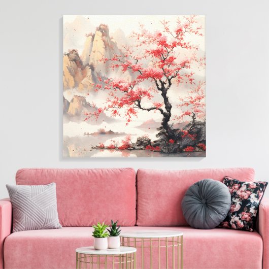Levendige Cherry Blossom Trees Mountain Aziatische Canvas Afdruk (Insitu (Woonkamer))