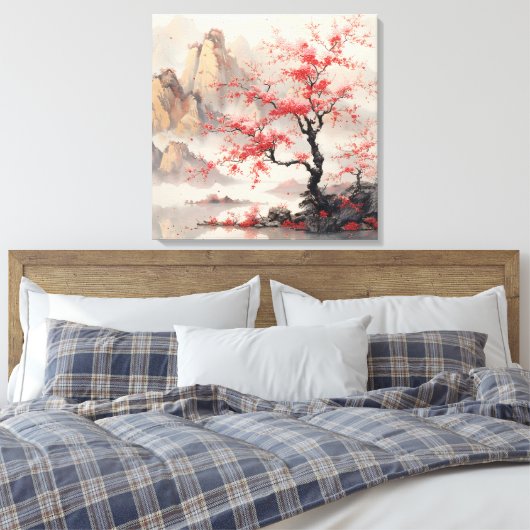 Levendige Cherry Blossom Trees Mountain Aziatische Canvas Afdruk (Insitu (Slaapkamer))