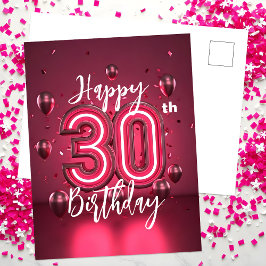 Levendige Chic Neon Roze 30e Verjaardag met Ballon Briefkaart