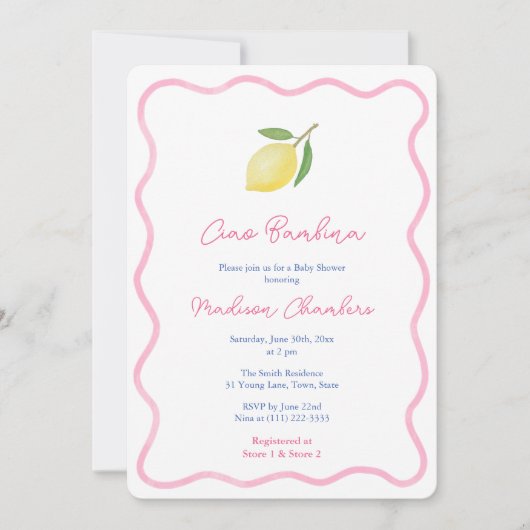 Levendige Ciao Bambina Roze Citrus Meisje Baby sho Kaart (Voorkant)