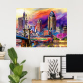 Levendige Cincinnati Ohio Abstracte skyline kunst Poster (Thuiskantoor)