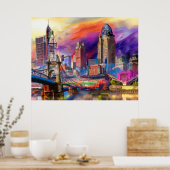 Levendige Cincinnati Ohio Abstracte skyline kunst Poster (Keuken)