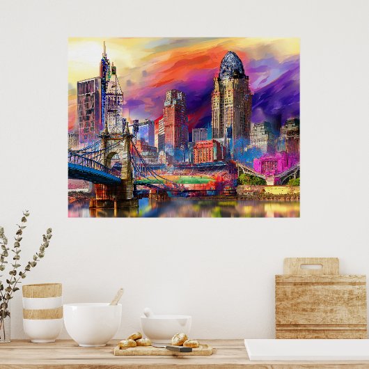 Levendige Cincinnati Ohio Abstracte skyline kunst Poster (Keuken)