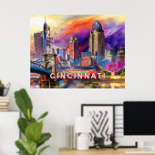 Levendige Cincinnati Ohio Abstracte skyline kunst Poster (Thuiskantoor)