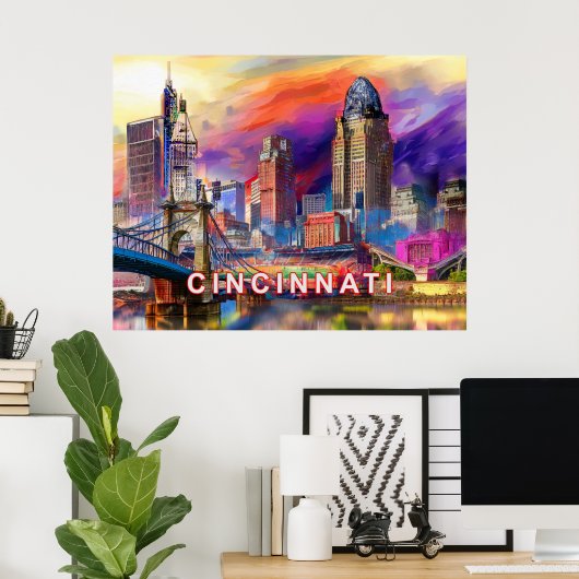 Levendige Cincinnati Ohio Abstracte skyline kunst Poster (Thuiskantoor)